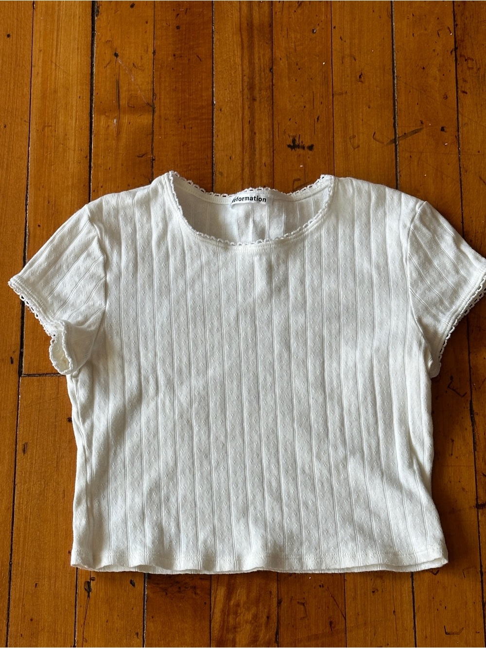 Reformation Short-Sleeve Ribbed Tee With Lace Trim